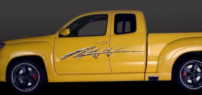 flaming metal vinyl graphics on yellow truck
